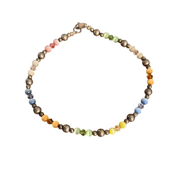 Jewelry - Vintage Sterling Silver Cat Eye Bead Anklet Bracelet 9" 5.65g Estate Colorful
